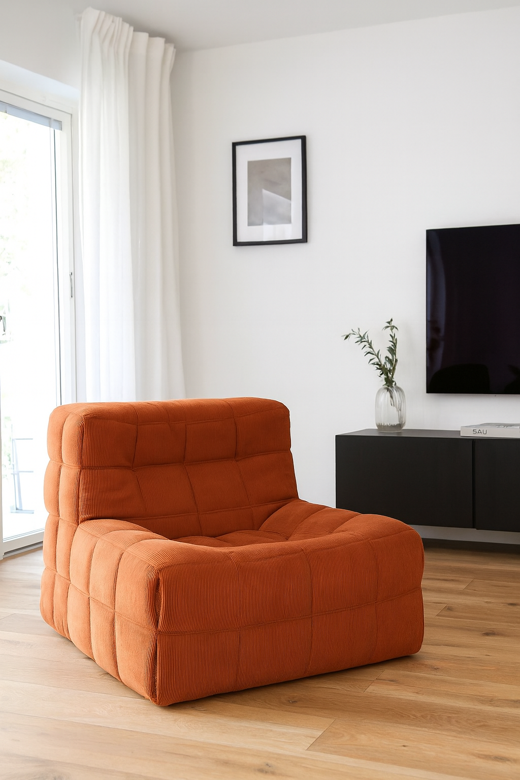 Modern rust orange Kashima sofa with tufted design, low-profile seating, and contemporary living room furniture from Home Hues